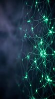 Glowing green network nodes connected by luminous lines on dark background, representing digital connectivity, data transfer, and technology infrastructure for web design and tech concepts.