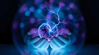 Glowing neon brain with electric blue and purple lightning energy, neural connections and synapses firing, isolated on dark background for technology and science concepts.