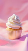 Vanilla cupcake with white cream frosting swirl on pink background with soft shadows and light effects, sweet dessert photography for bakery marketing.