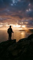 Silhouetted hiker with trekking poles stands on rocky cliff overlooking golden sunset over ocean and distant islands, dramatic cloudy sky with golden light rays breaking through clouds.