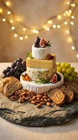 Gourmet cheese tower with fresh figs, grapes and nuts on slate board with warm bokeh lights creating festive atmosphere for holiday entertaining.