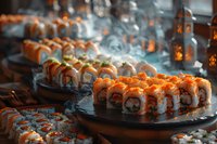 Fresh salmon sushi rolls garnished with caviar and sauce on dark plates amid atmospheric smoke and warm candlelight, creating luxurious dining ambiance.