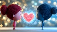 Cute cartoon characters with glowing magical heart between them against bokeh background, romantic valentines concept for greeting cards and social posts.