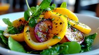 Fresh spinach salad with roasted mushrooms and colorful bell peppers garnished with herbs and black pepper in white bowl for healthy dining menu.