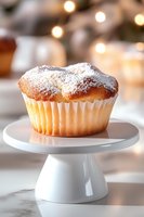 Fresh baked muffin dusted with powdered sugar on white ceramic cake stand against soft bokeh lights and marble surface, close-up food photography.