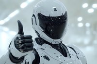Futuristic white humanoid robot with black visor giving thumbs up gesture in modern laboratory setting with bright lighting and sleek technology design.