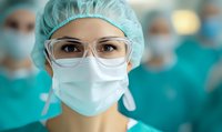 Healthcare professional wearing protective surgical mask, cap, and safety glasses in operating room with medical team in background. Focus on determined eyes.