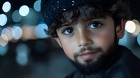 Young Middle Eastern boy with blue eyes and beard wearing knit hat against blurred city lights background at night creating dreamy bokeh effect for portraits.