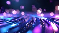 Glowing curved light trails with purple and blue bokeh effects create dynamic motion on dark background, abstract futuristic design for technology concepts.