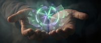 Hands holding glowing compass with digital navigation hologram, representing direction, technology, and guidance for business, travel, and innovation concepts.