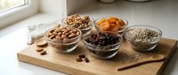 Assorted nuts, dried fruits and seeds in glass bowls on wooden cutting board. Healthy snacking, organic food ingredients for cooking and baking recipes.