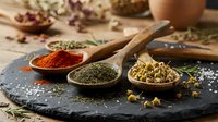 Aromatic herbs and spices in wooden spoons on dark slate board. Colorful seasoning collection for cooking and culinary arts in rustic kitchen setting.