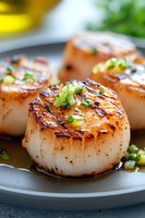 Grilled sea scallops with caramelized crust garnished with fresh herbs and butter sauce on gray ceramic plate, macro food photography.