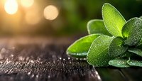 Fresh sage leaves with water drops on dark wooden surface against blurred warm bokeh background, macro photography for culinary and aromatherapy designs.