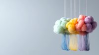 Colorful cotton candy clouds with hanging rainbow threads against light gray background, creating dreamy atmospheric art installation for modern decor and design projects.