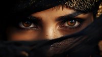 Mysterious amber eyes with dark smokey makeup peek through traditional black veil, highlighting freckles and ornate golden headpiece details in dramatic portrait.