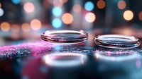 Wedding rings on colorful glitter surface with bokeh lights, engagement jewelry for marriage ceremonies, romantic celebration backdrop.