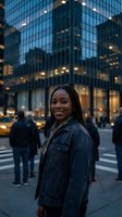 Young African American woman smiling in denim jacket on busy city street at dusk with illuminated office buildings and urban traffic in background.