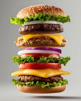 Exploded view of double cheeseburger with fresh vegetables and sesame seed bun against neutral gray background.