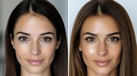 Young woman with natural makeup and straight dark hair shown before and after professional retouching, demonstrating photo editing and beauty enhancement techniques.