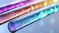 Colorful laboratory test tubes with liquid samples illuminated by rainbow light, showcasing scientific research in chemistry or biology.