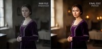 Young woman in elegant purple velvet dress with long sleeves standing indoors with warm lighting and bokeh background for portrait photography.