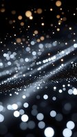 Glowing particles and bokeh lights create magical atmosphere with flowing wave of sparkling dots on dark background, abstract festive design for celebrations.