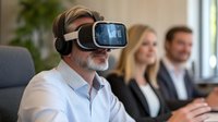 Mature businessman wearing VR headset during office meeting while colleagues observe, exploring virtual reality technology in corporate environment.
