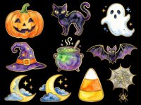Spooky Halloween collection featuring jack-o-lantern pumpkin, black cat, ghost, witch hat, cauldron, bat, crescent moon, candy corn bag, and spider web. Isolated on transparent background, ready for t-shirts, stickers, clipart, and print-on-demand designs.
