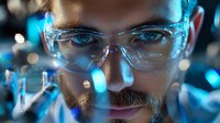 Young male scientist wearing protective eyewear in modern laboratory with blue illumination and research equipment, close-up portrait showing determination and focus.