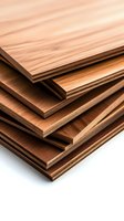 Stack of wooden plywood sheets with natural grain pattern on white background, showing layered structure and construction material detail for carpentry projects.