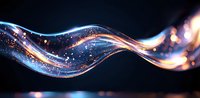 Glowing wave of light with orange and blue colors flowing through dark space, sparkling particles creating dynamic motion effect on black background.