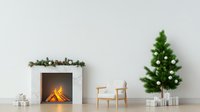 Minimalist Christmas interior with white fireplace, wooden chair, decorated pine tree and wrapped gifts on floor. Cozy festive Scandinavian design setting.