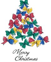 Colorful bows arranged in Christmas tree shape with handwritten Merry Christmas text. Red, blue, yellow and green ribbons form festive holiday design on white background.
