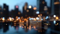 Blurred city skyline reflection creates audio wave pattern effect with bokeh lights, combining urban nightscape and music visualization concept in creative photography.
