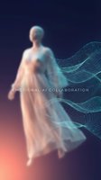 Ethereal female figure with flowing digital mesh fabric merging into gradient background, representing human-technology fusion and artificial intelligence collaboration for futuristic concepts.
