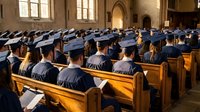 Graduation ceremony in historic chapel with students in caps and gowns seated in wooden pews during commencement celebration.