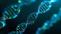 Digital DNA double helix structure with glowing blue and green lights on dark background for biotechnology and genetic research applications.