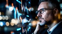 Mature businessman analyzing financial market data on virtual screen with glowing charts and graphs in dark office with bokeh lights background.