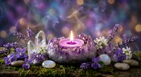 Spiritual meditation altar with burning candle, amethyst crystals, lavender flowers and healing stones on moss against magical bokeh background.