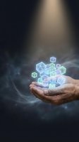 Hands holding glowing geometric shapes representing blockchain technology, cryptocurrency, digital innovation and futuristic data visualization concepts.