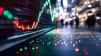 Stock market data visualization with glowing green candlestick chart rising against blurred urban night background showing financial growth and trading analysis.
