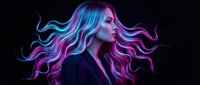Young woman with vibrant neon blue and pink flowing hair in profile against dark background. Digital art style with glowing effects for creative projects.