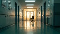 Empty wheelchair in hospital corridor with bright lighting and glass doors creating peaceful healthcare environment for medical concepts.