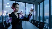 Young woman in business attire interacting with digital holographic interface displaying network icons in modern office with city skyline view.