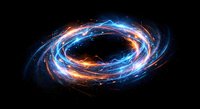 Abstract energy portal with swirling blue and orange light trails creating circular vortex against black background for sci-fi and technology designs.