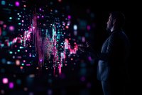 Man in dark room observing glowing digital visualization with pink and blue light effects, holding device while analyzing futuristic data display interface.