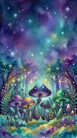 Enchanted forest scene with glowing mushrooms, magical trees, and starry night sky filled with vibrant purple, teal, and yellow lights. Fantasy woodland landscape for creative projects.