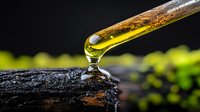 Golden oil drop falling from glass dropper onto dark stone surface in macro photography, highlighting viscosity and transparency against blurred natural background.