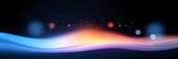 Abstract flowing wave design with glowing light effect against dark background, featuring luminous blue curves and floating bokeh particles in orange and blue hues.